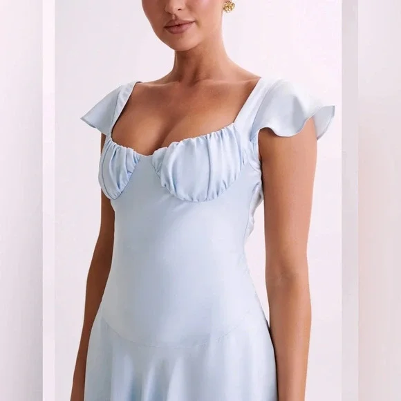MESHKI | Carson Ruched Satin Mini Dress | Powder Blue | Size: X-Large - Picture 4 of 7